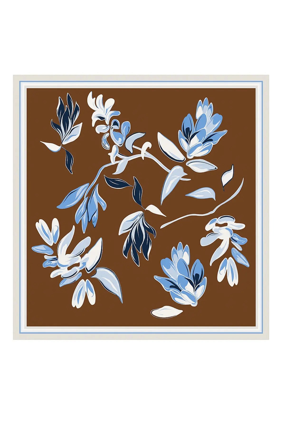 Açık Mavi Kahverengi Floral Desenli İpek Eşarp  Mısırlı 1951