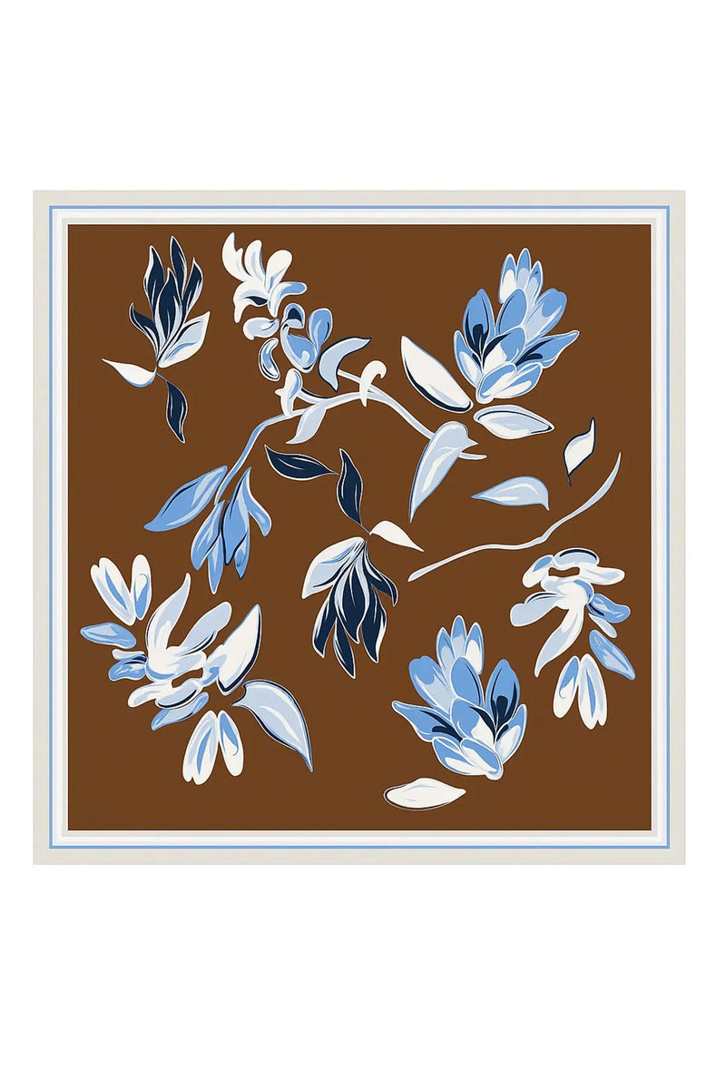Açık Mavi Kahverengi Floral Desenli İpek Eşarp  Mısırlı 1951
