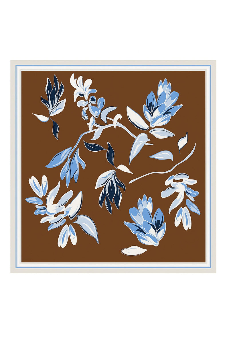 Açık Mavi Kahverengi Floral Desenli İpek Eşarp  Mısırlı