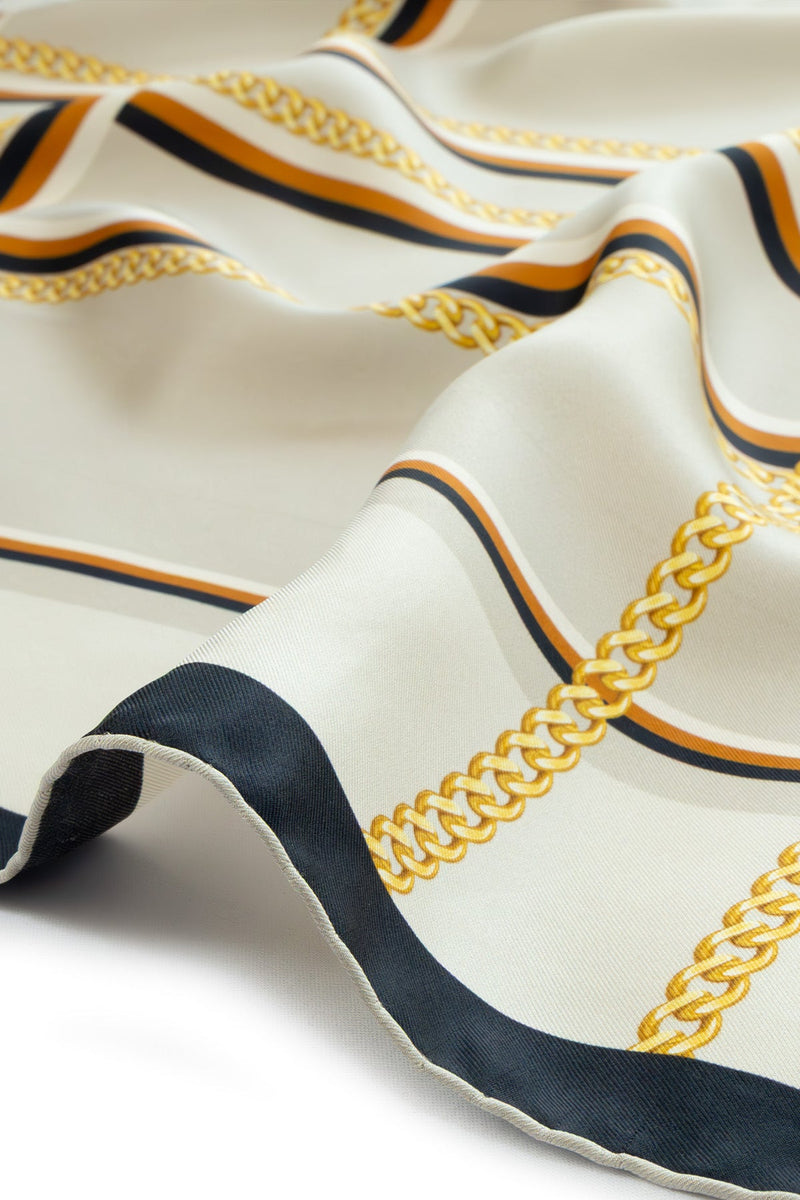 Koyu Bej Zincir Desenli İpek Eşarp  Mısırlı