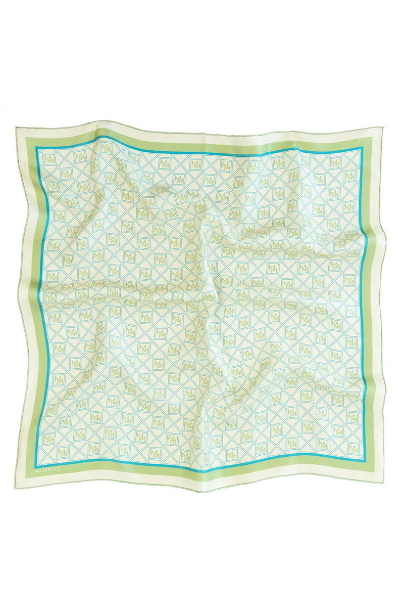Pudra Mint Monogram Desenli İpek Eşarp