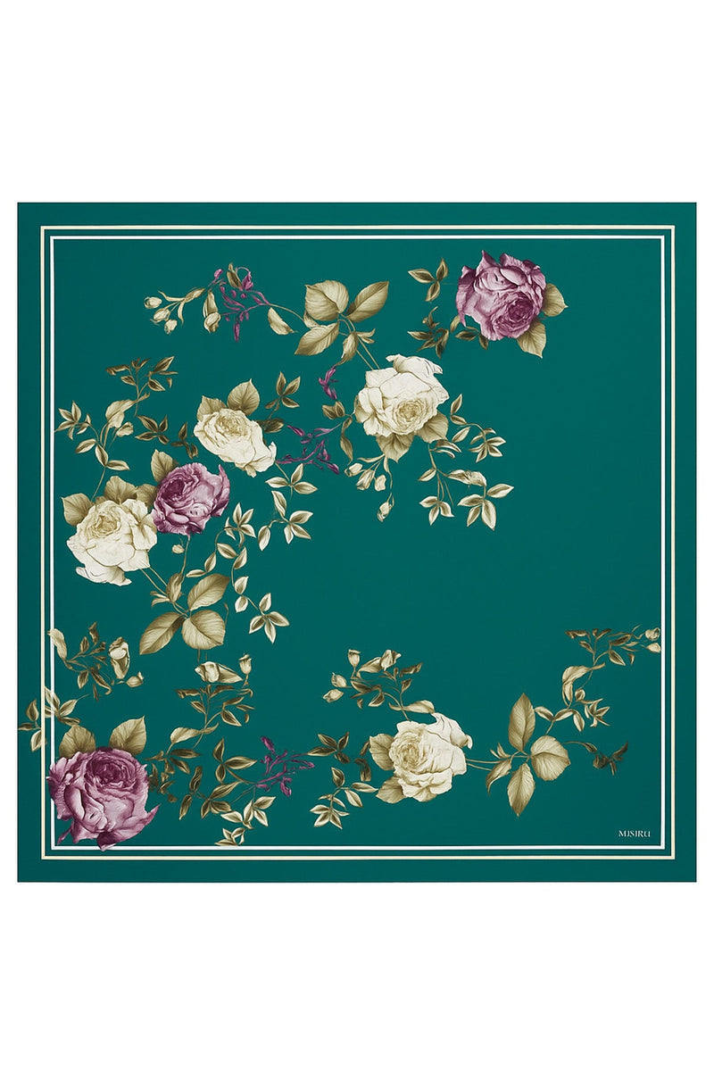 Zümrüt Yeşili Gül Desenli İpek Eşarp  Mısırlı