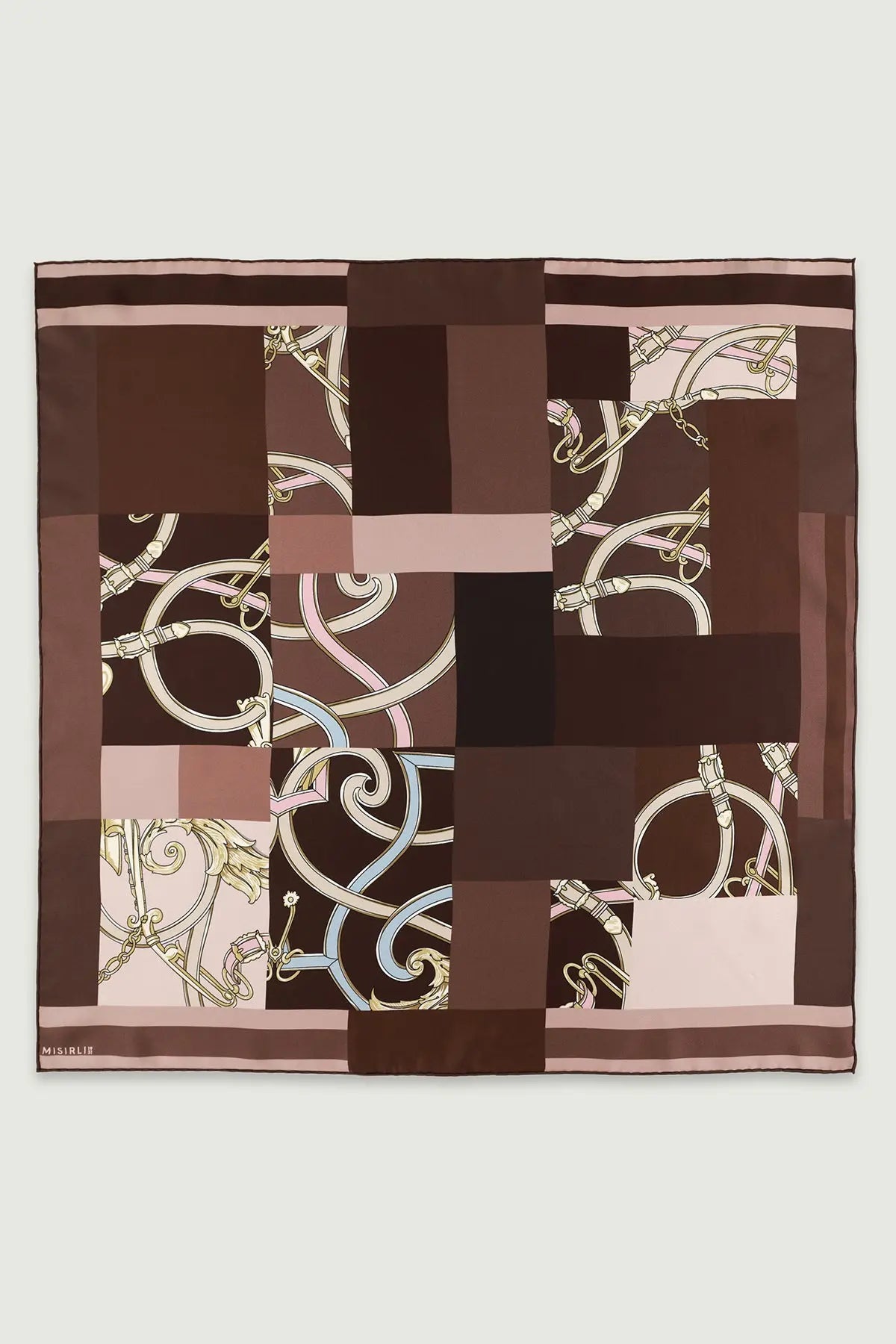 Kahverengi Patchwork Zincir Motifli İpek Eşarp  Mısırlı 1951