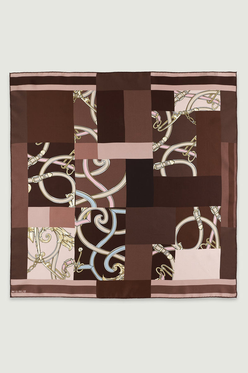 Kahverengi Patchwork Zincir Motifli İpek Eşarp  Mısırlı