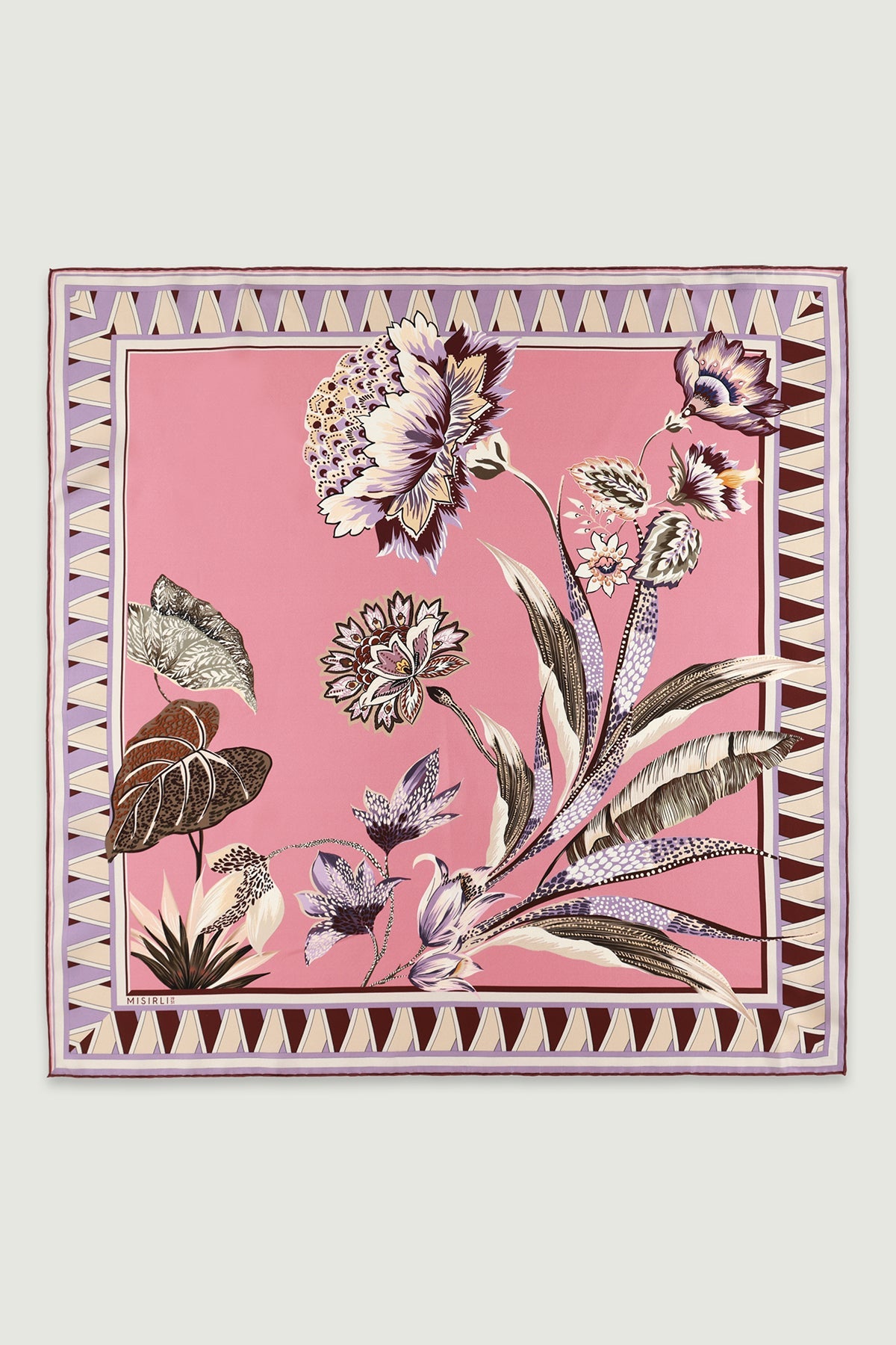 Pembe Vintage Floral Motifli İpek Eşarp  Mısırlı