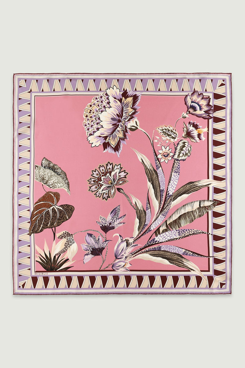 Pembe Vintage Floral Motifli İpek Eşarp