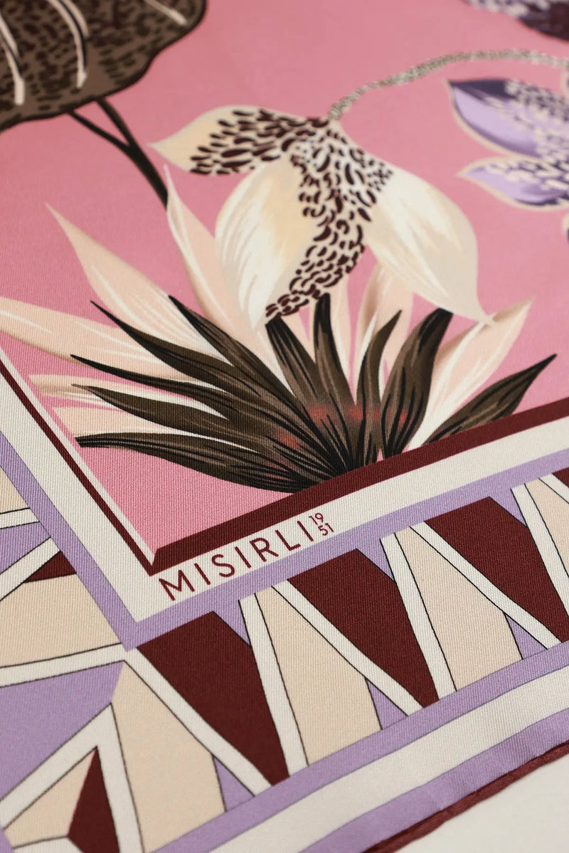 Pembe Vintage Floral Motifli İpek Eşarp  Mısırlı 1951