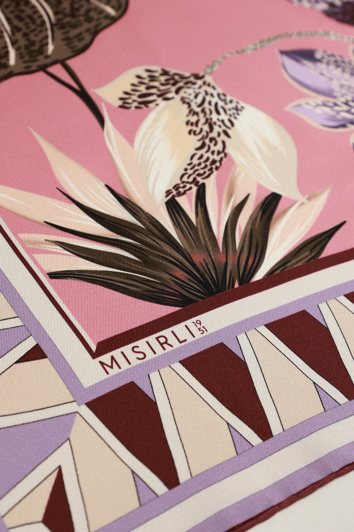 Pembe Vintage Floral Motifli İpek Eşarp  Mısırlı