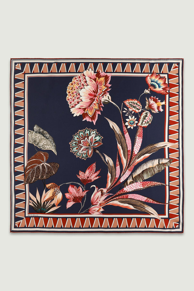 Lacivert Vintage Floral Motifli İpek Eşarp  Mısırlı