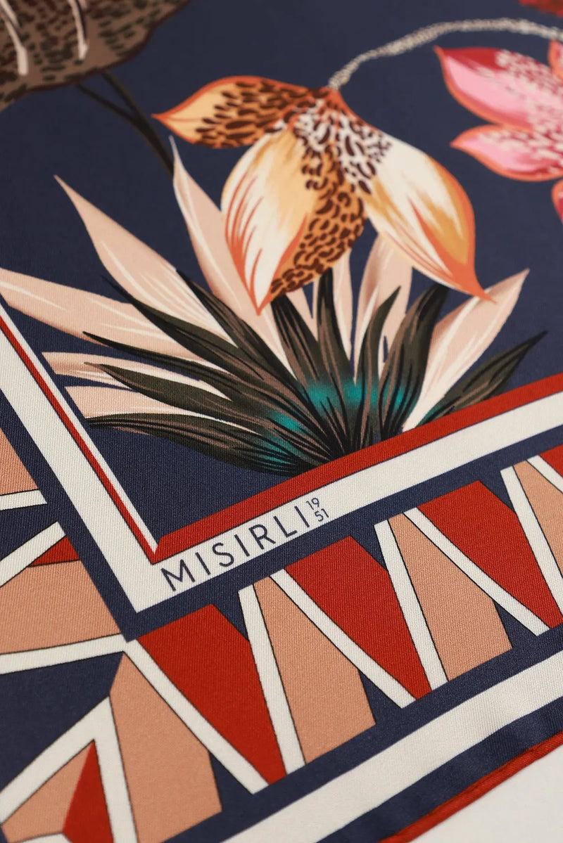 Lacivert Vintage Floral Motifli İpek Eşarp  Mısırlı 1951