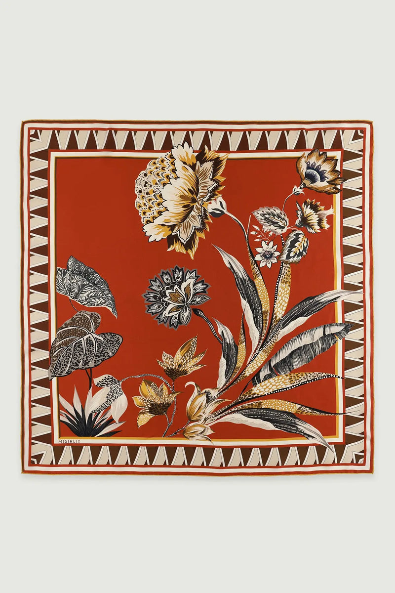 Kiremit Vintage Floral Motifli İpek Eşarp  Mısırlı 1951