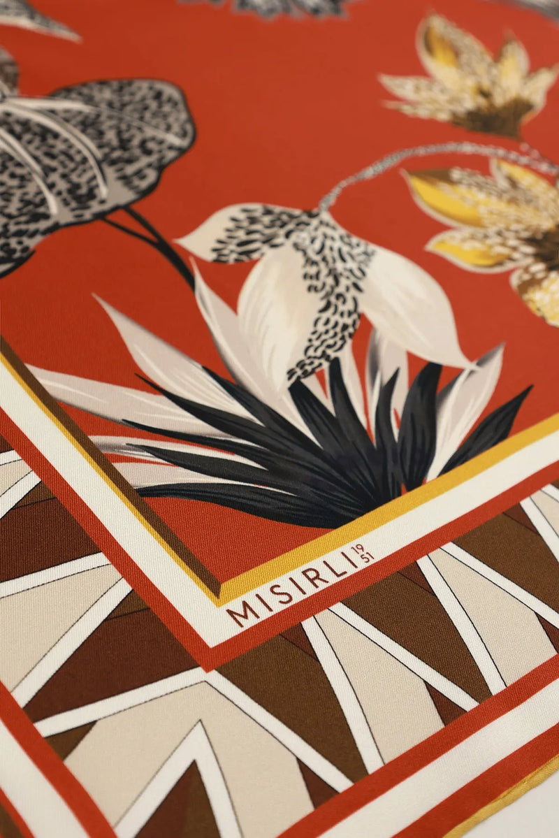Kiremit Vintage Floral Motifli İpek Eşarp  Mısırlı 1951