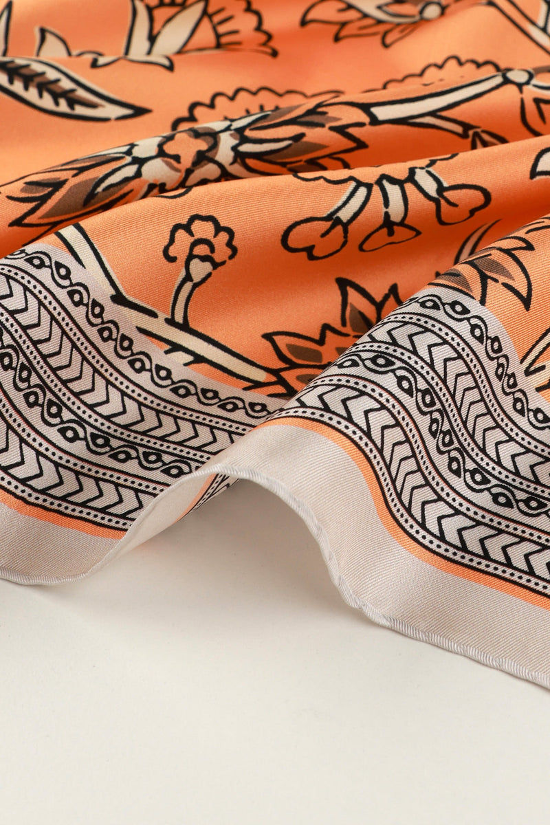 Şeftali Retro Floral Desenli İpek Eşarp  Mısırlı