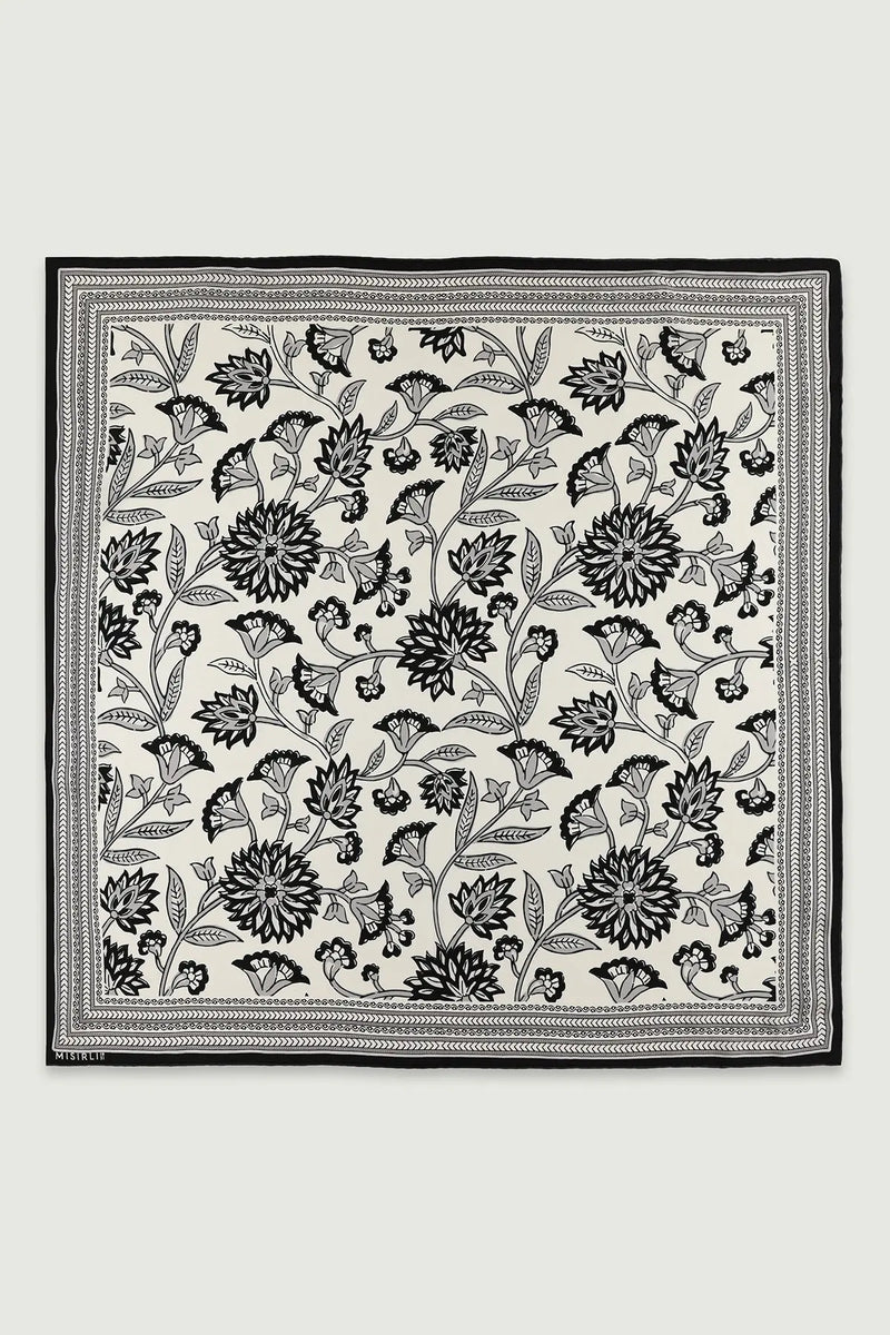 Siyah Retro Floral Desenli İpek Eşarp  Mısırlı 1951
