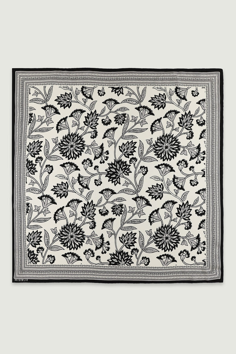 Siyah Retro Floral Desenli İpek Eşarp  Mısırlı