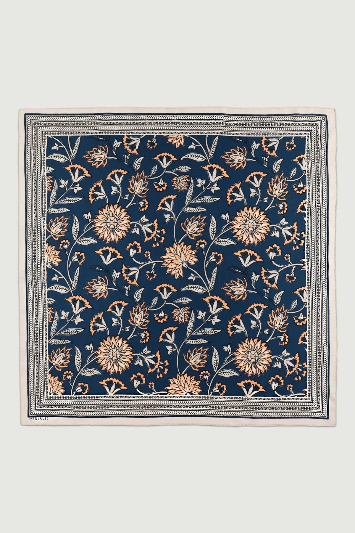 Lacivert Retro Floral Desenli İpek Eşarp  Mısırlı 1951