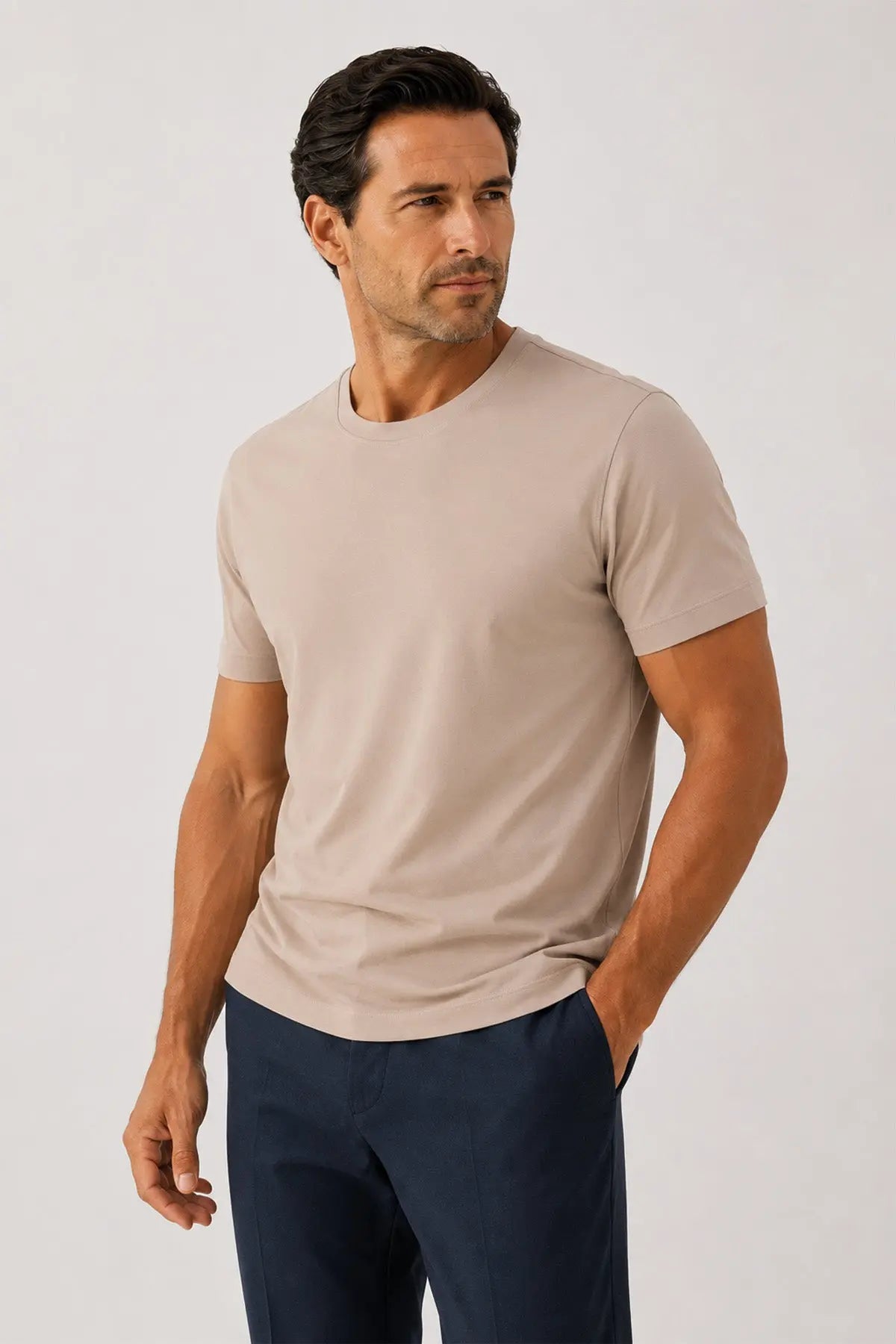 Bej Kısa Kollu Örme Erkek T-Shirt  Mısırlı