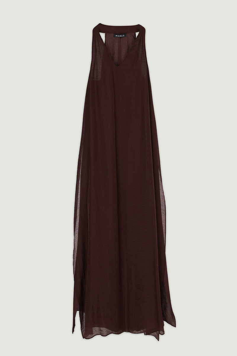 Bordo V Yaka Yan Yırtmaçlı Uzun Elbise  Mısırlı