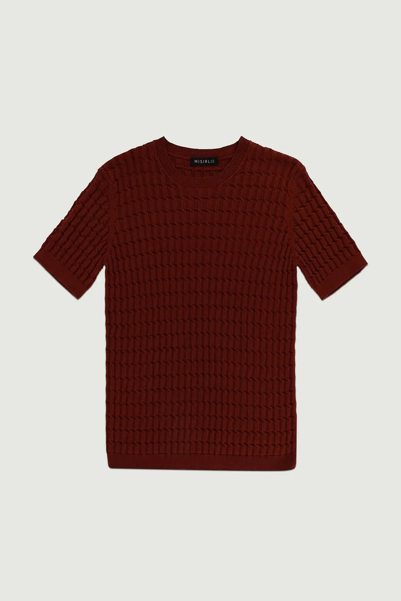 Bordo Örgü Dokulu Kadın T-Shirt  Mısırlı
