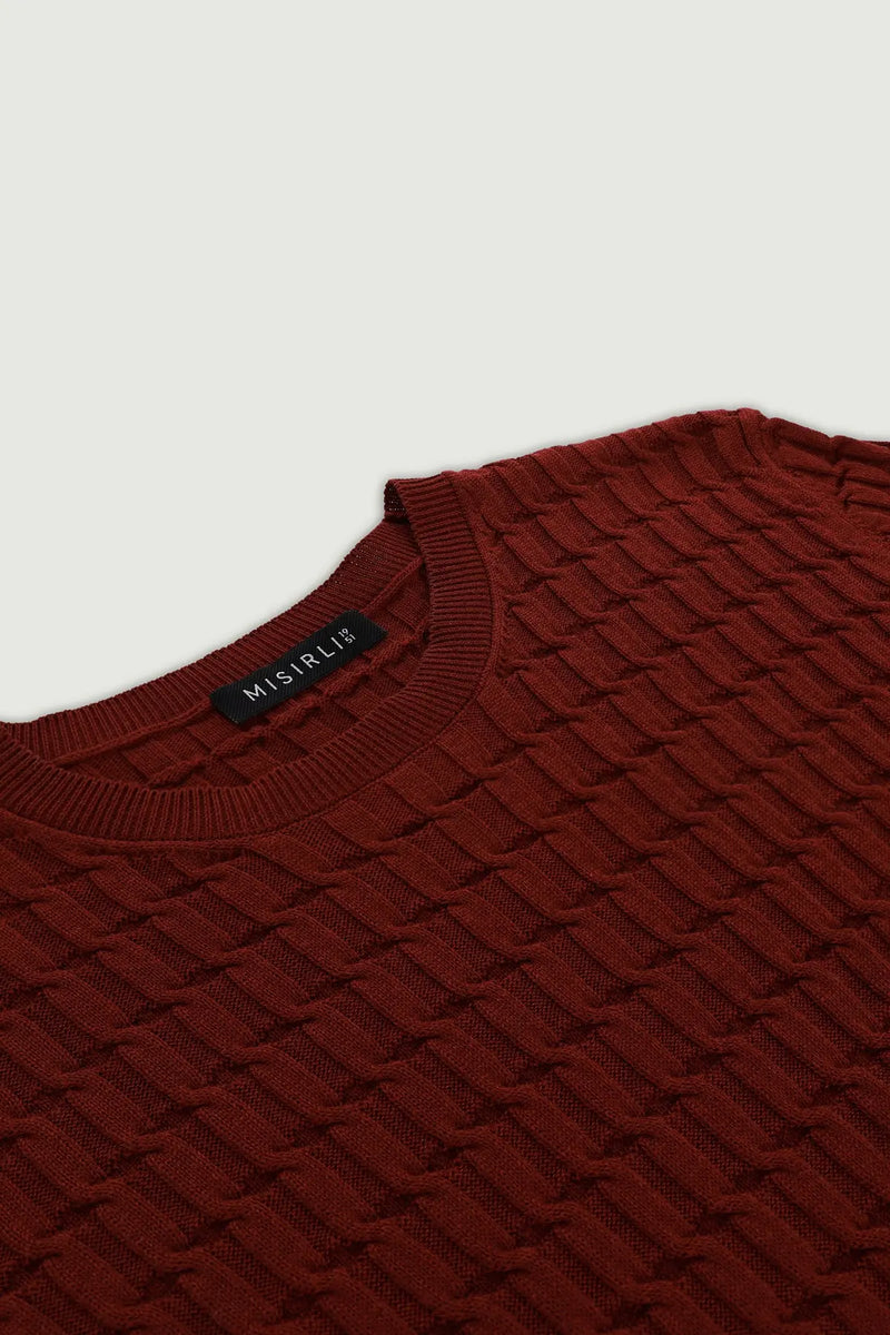 Bordo Örgü Dokulu Kadın T-Shirt