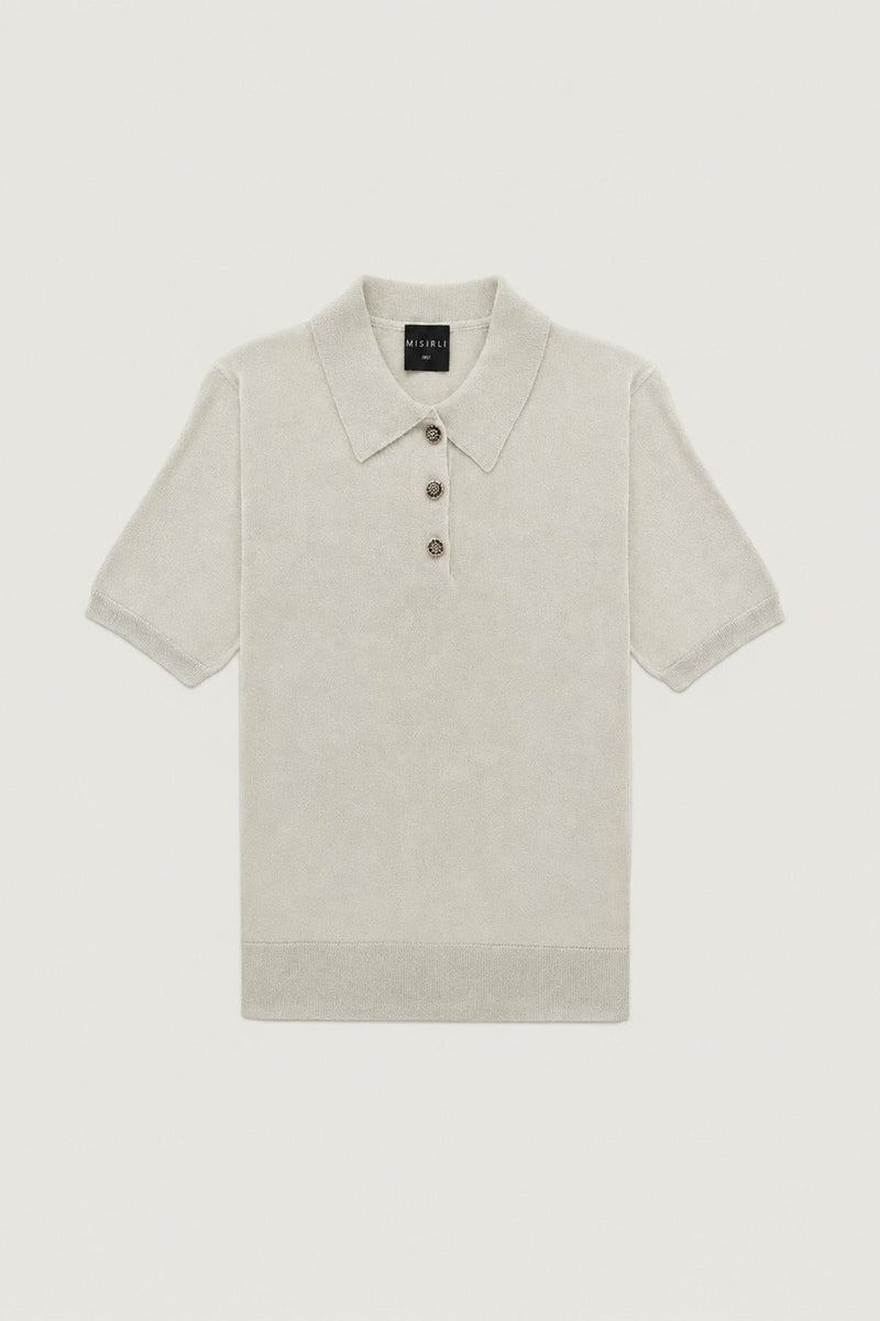 Açık Gri Polo Yaka Çiçek Düğmeli Kadın T-Shirt  Mısırlı