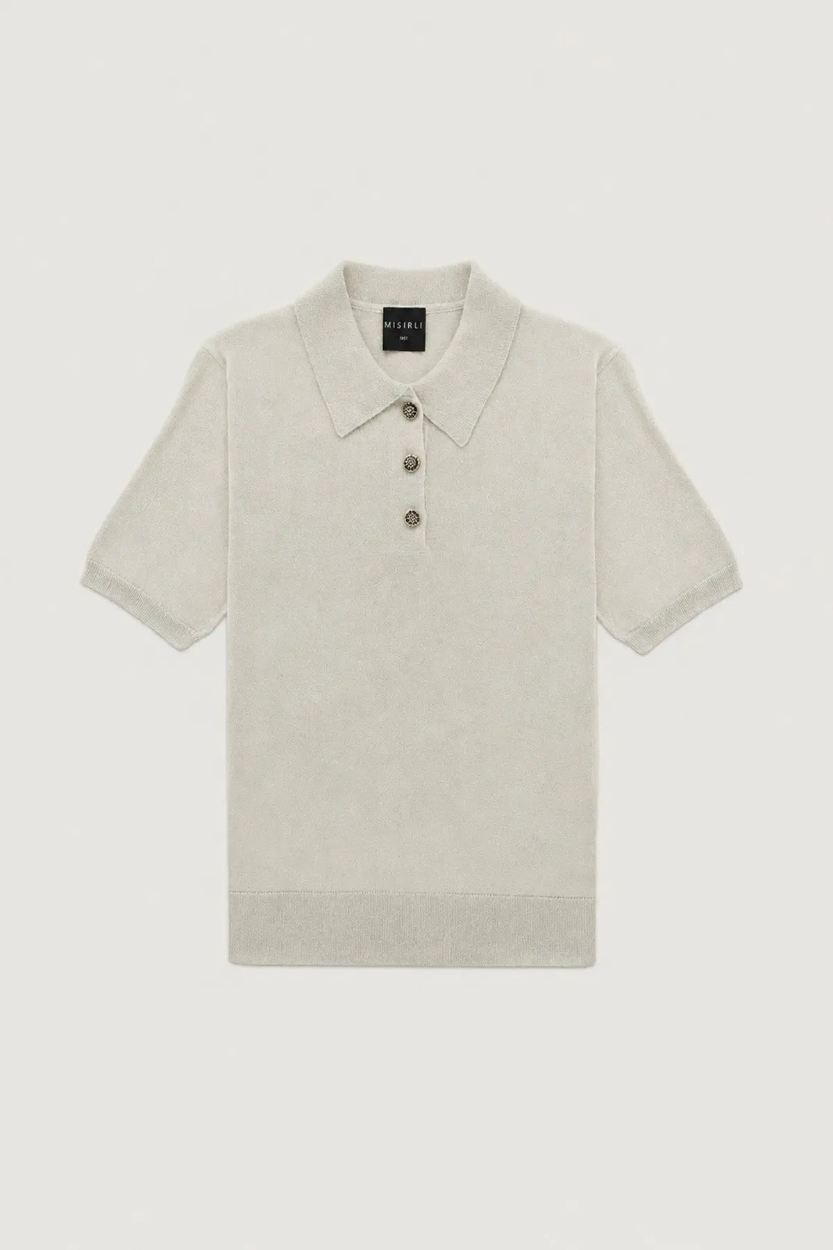 Açık Gri Polo Yaka Çiçek Düğmeli Kadın T-Shirt  Mısırlı