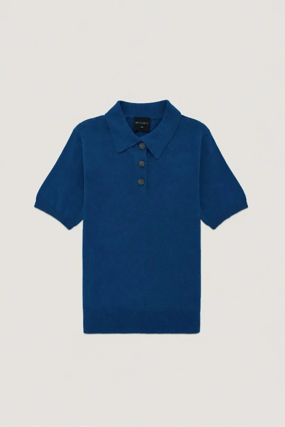 Lacivert Polo Yaka Çiçek Düğmeli Kadın T-Shirt  Mısırlı