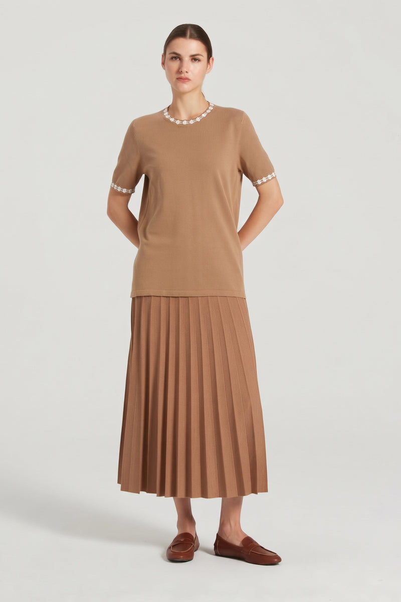 Yaka detaylı Camel Triko Bluz