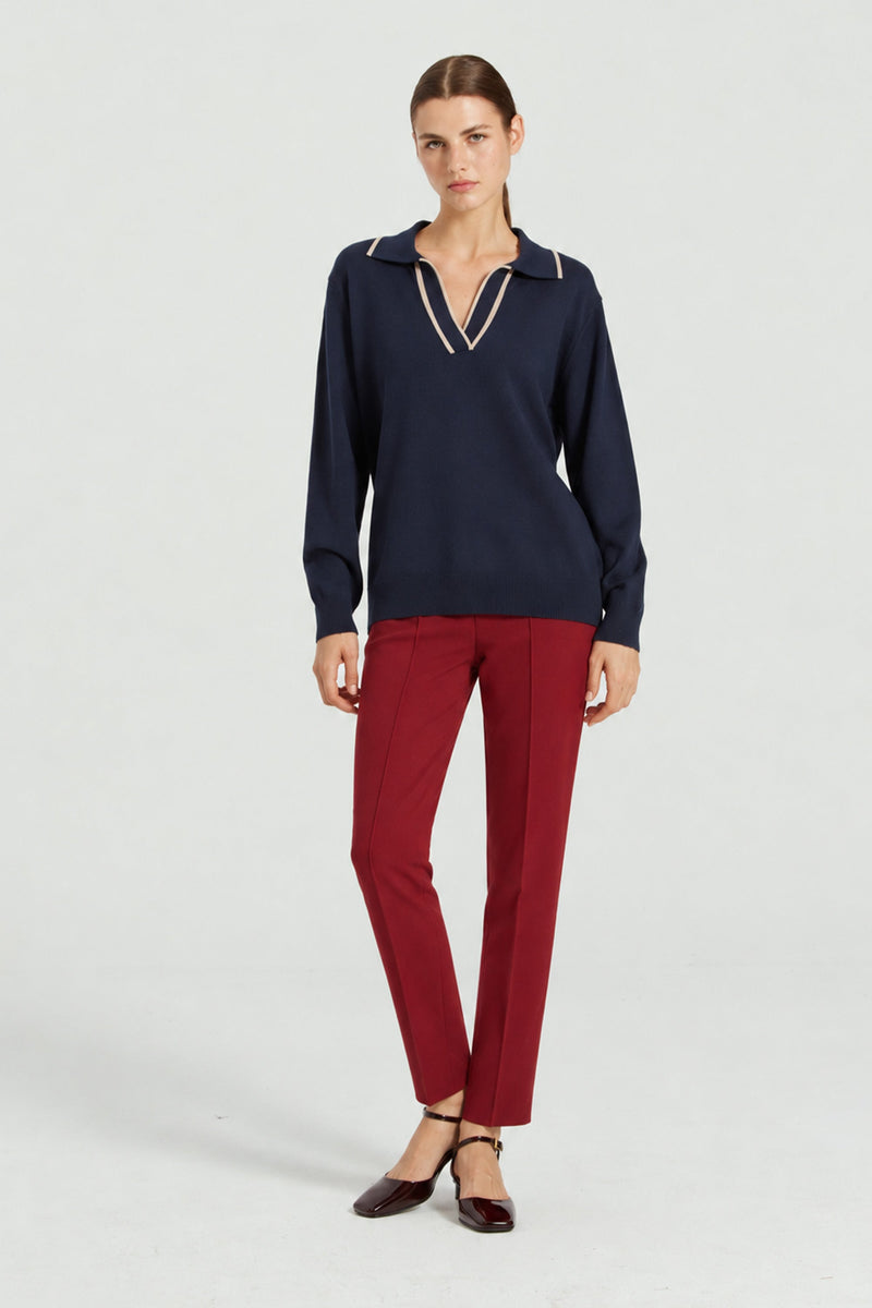 Lacivert Açık Bej Polo Yaka Kadın Kazak  Mısırlı