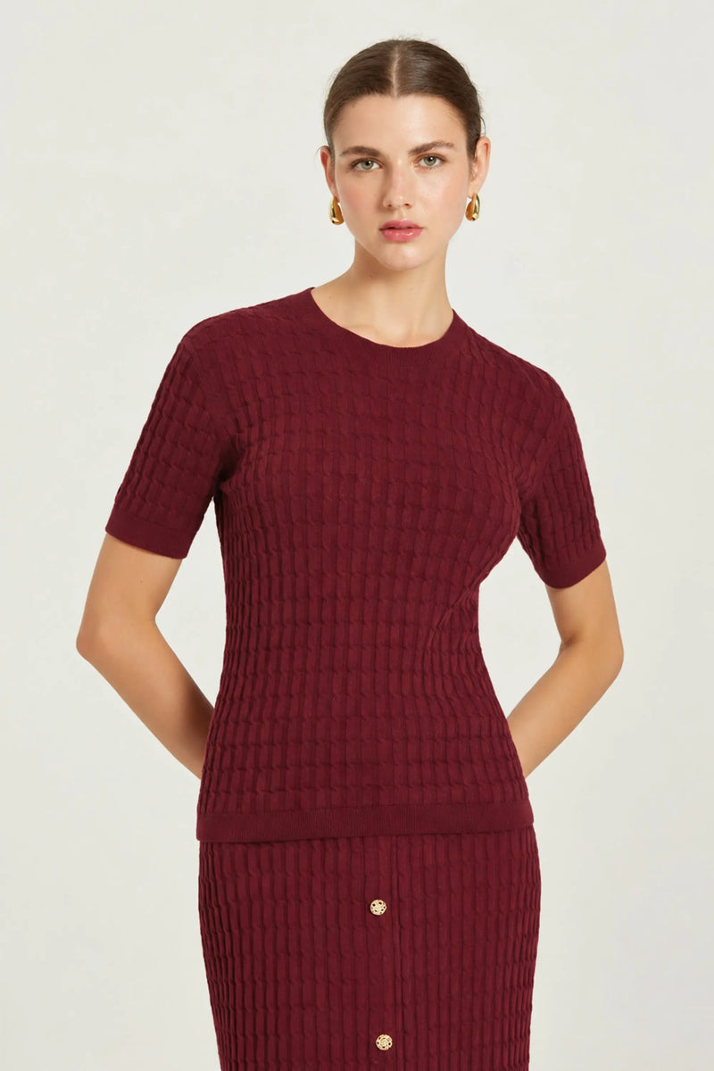 Bordo Örgü Dokulu Kadın T-Shirt  Mısırlı