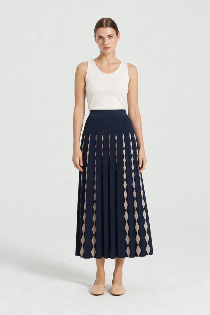 Lacivert Camel Geometrik Desenli Pileli Etek  Mısırlı