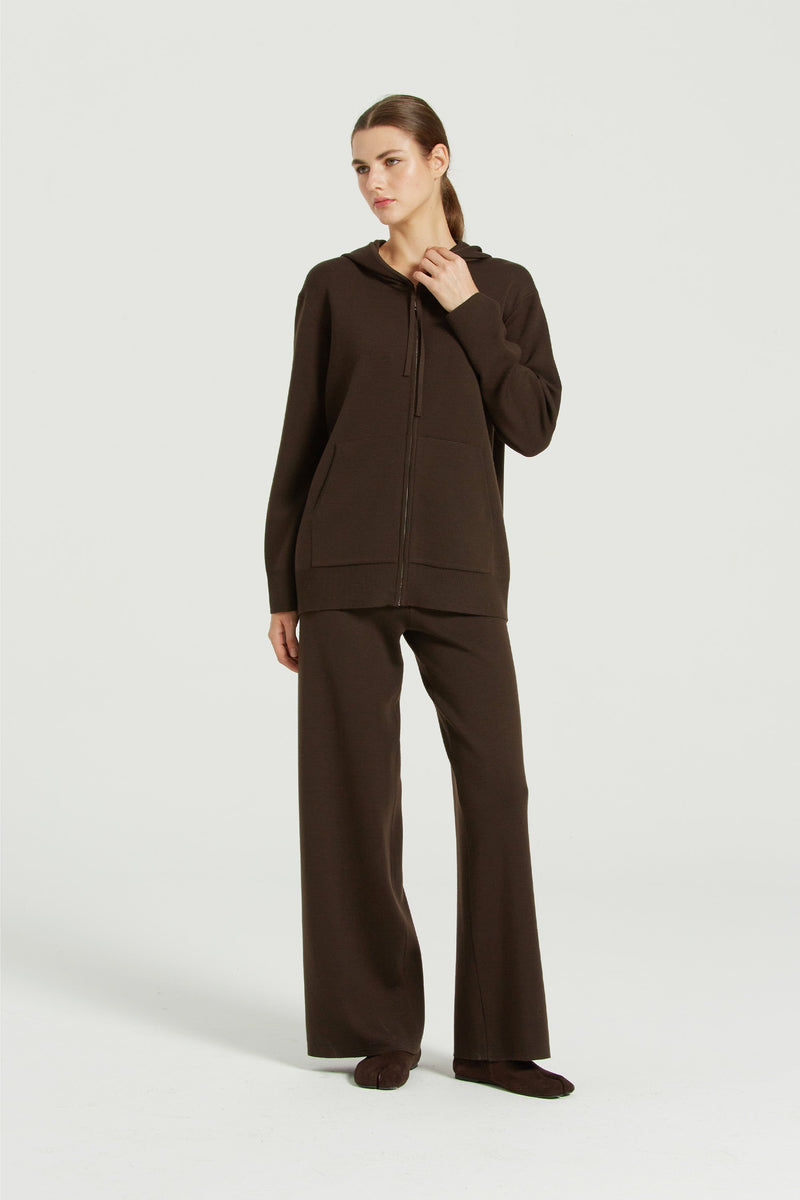 Kahve Fermuarlı Kapüşonlu Kadın Hırka  Mısırlı