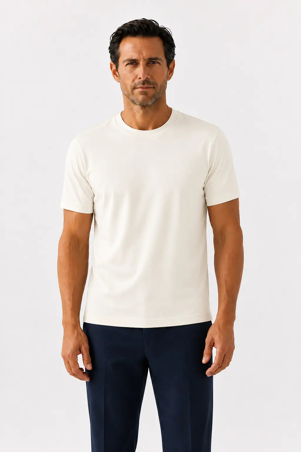 Ekru Kısa Kollu Örme Erkek T-Shirt  Mısırlı
