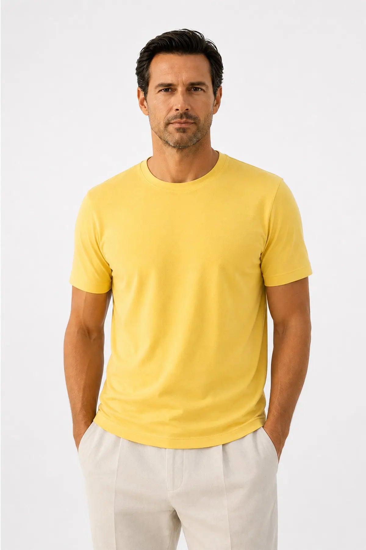 Açık Sarı Bisiklet Yaka Triko Erkek T-Shirt  Mısırlı