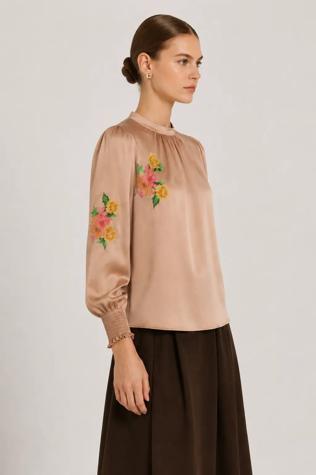 Multicolor Çiçek Desenli Saten Bluz  Mısırlı