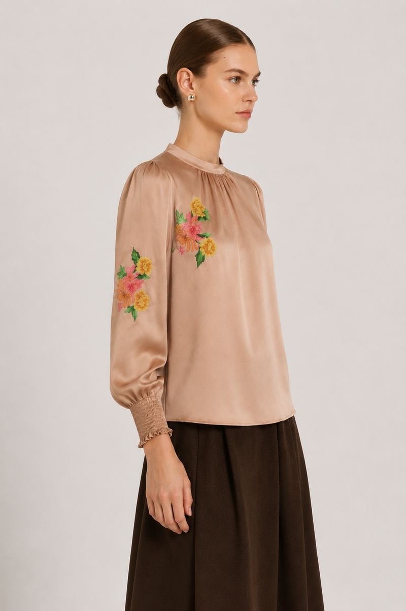 Multicolor Çiçek Desenli Saten Bluz  Mısırlı