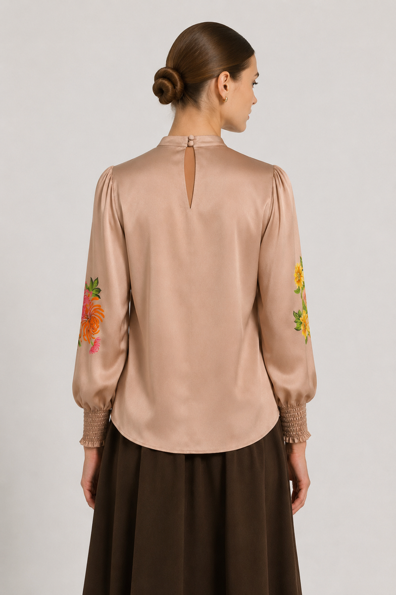 Multicolor Çiçek Desenli Saten Bluz  Mısırlı