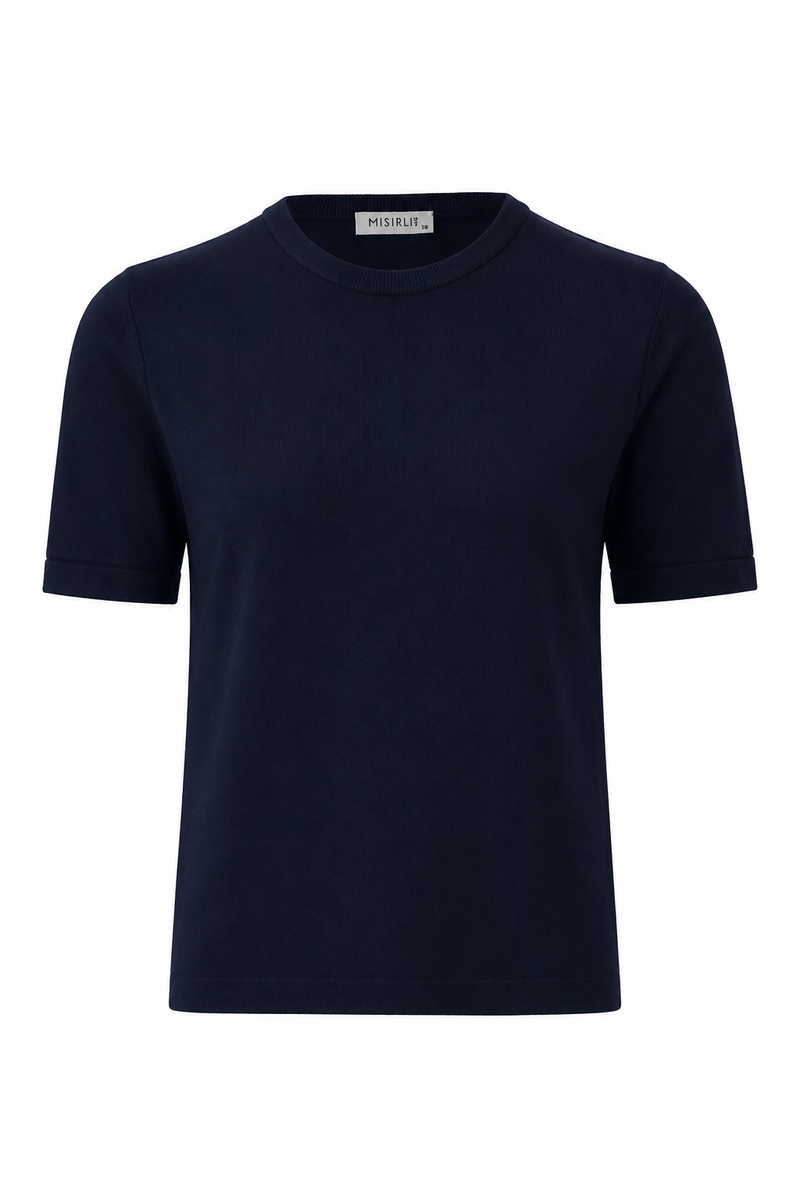Lacivert Bisiklet Yaka Kısa Kollu Kadın T-Shirt