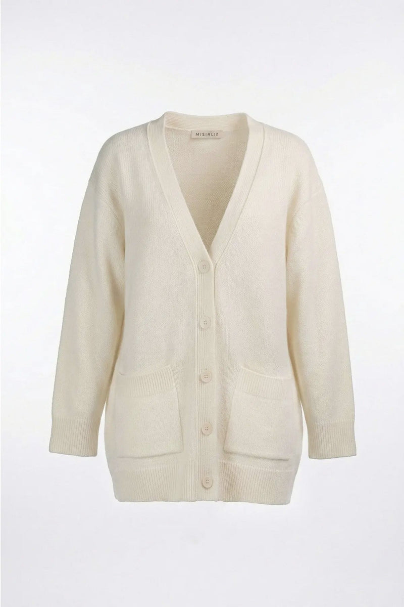 Ekru Düğmeli Midi Kadın Hırka  Mısırlı