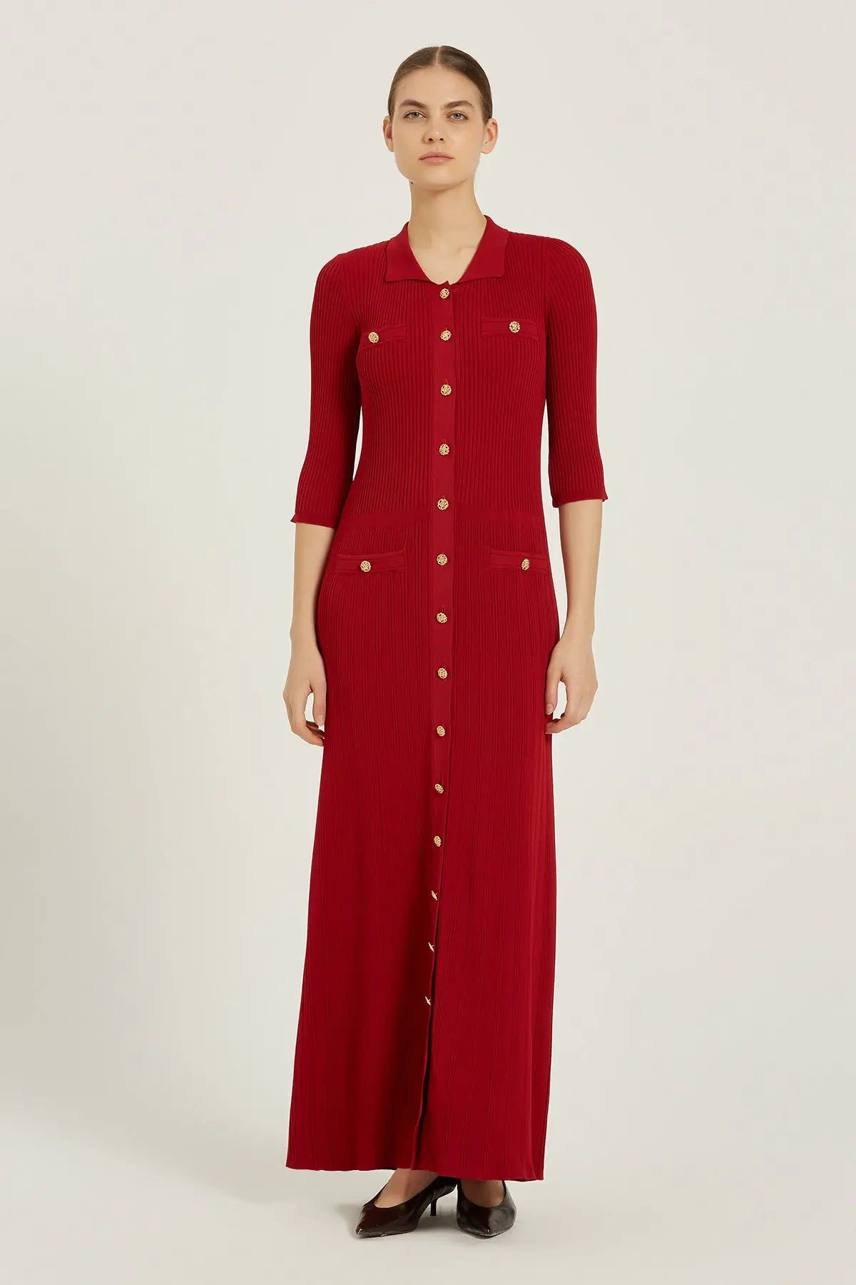 Bordo Fitilli Gold Düğmeli Uzun Elbise  Mısırlı 1951