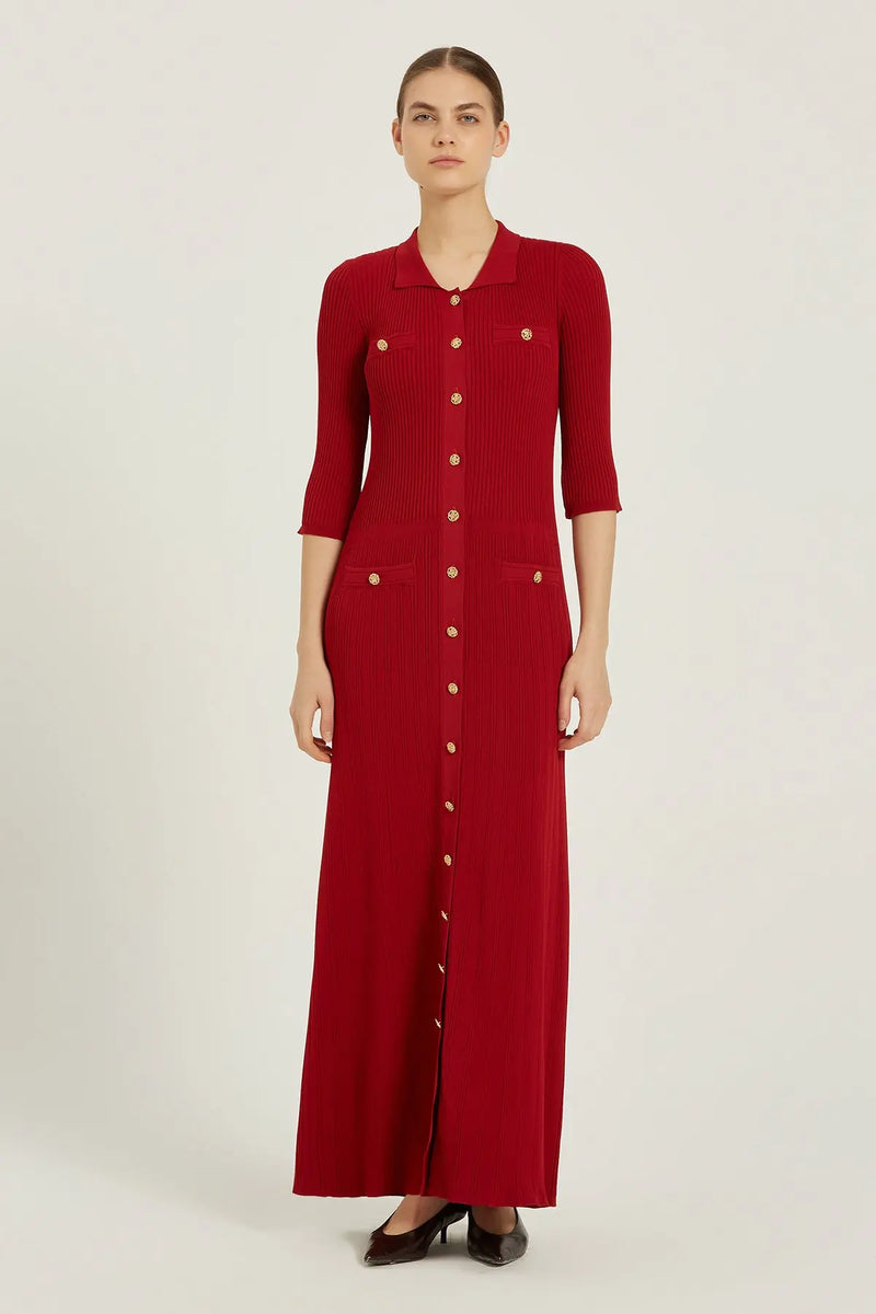 Bordo Fitilli Gold Düğmeli Uzun Elbise  Mısırlı 1951