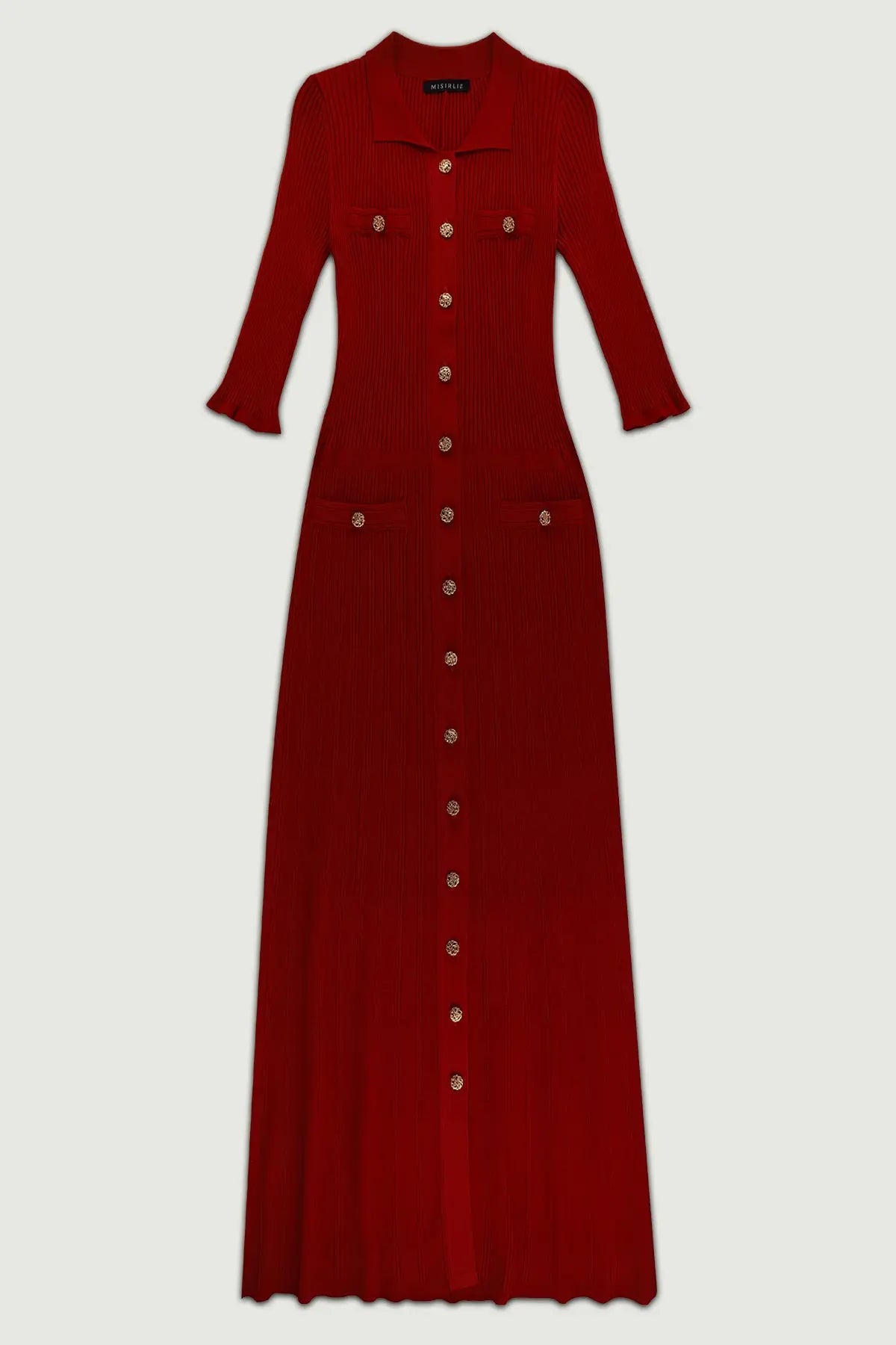 Bordo Fitilli Gold Düğmeli Uzun Elbise  Mısırlı 1951