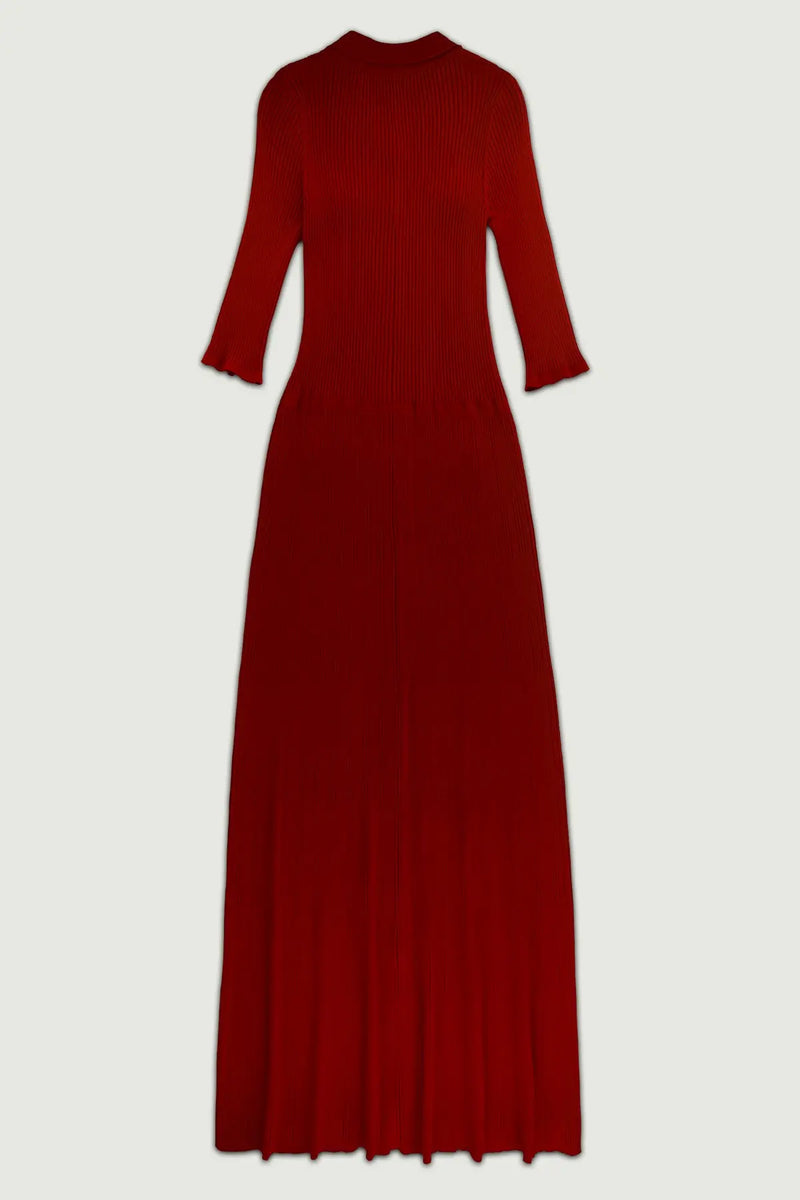 Bordo Fitilli Gold Düğmeli Uzun Elbise