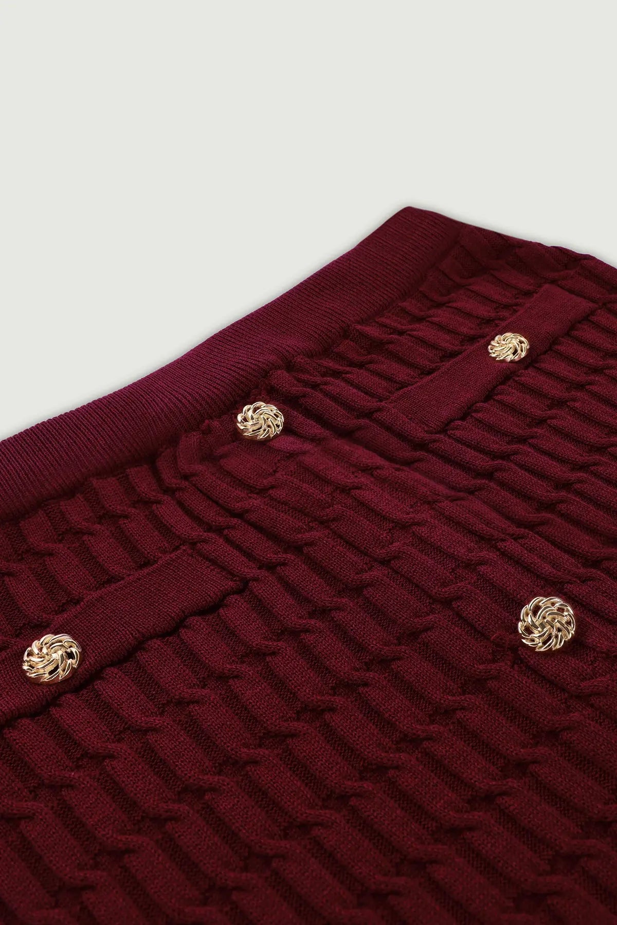 Bordo Örgü Dokulu Gold Düğmeli Midi Etek  Mısırlı