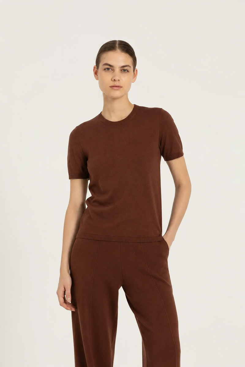 Kahverengi Kısa Kollu Triko Kadın T-Shirt  Mısırlı