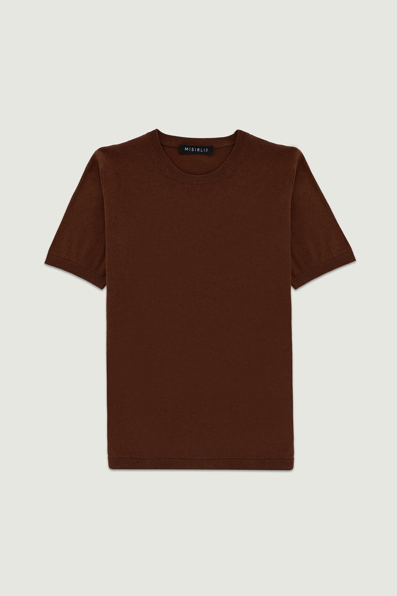 Kahverengi Kısa Kollu Triko Kadın T-Shirt  Mısırlı