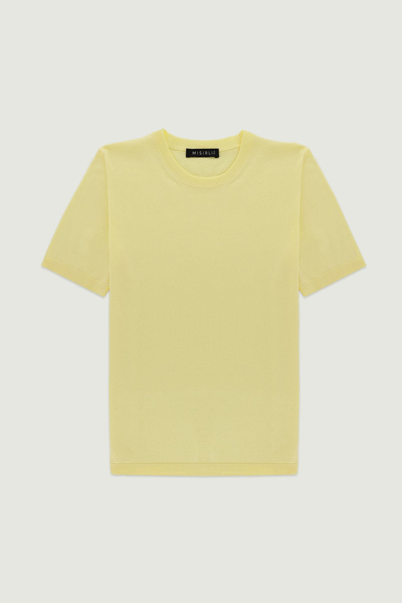 Açık Sarı Kısa Kollu Triko Kadın T-Shirt  Mısırlı