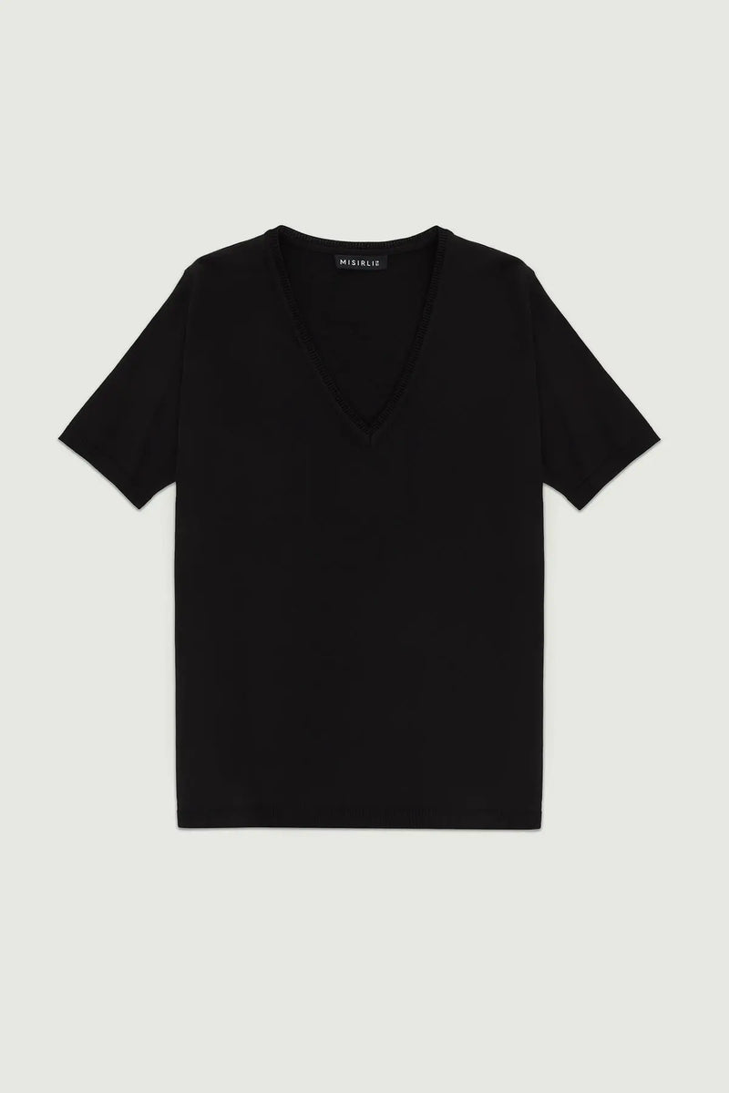 Siyah V Yaka Triko Kadın T-Shirt