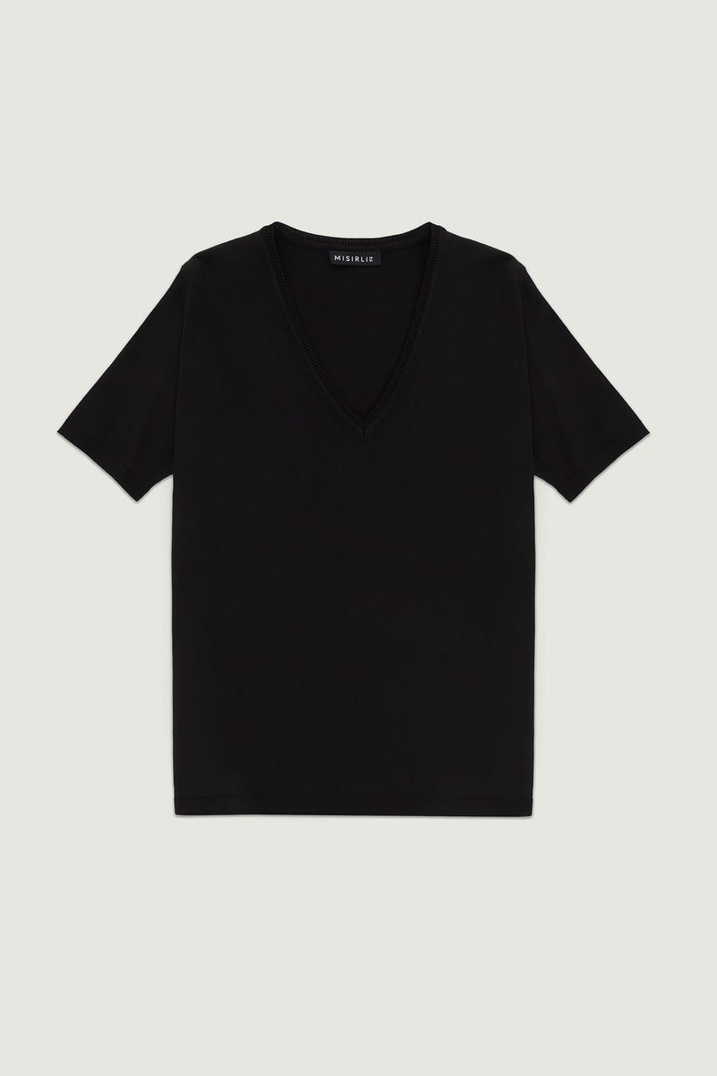 Siyah V Yaka Triko Kadın T-Shirt  Mısırlı