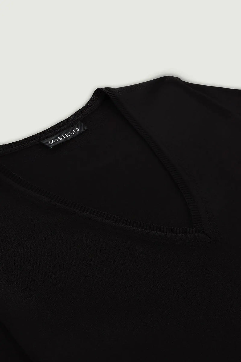 Siyah V Yaka Triko Kadın T-Shirt
